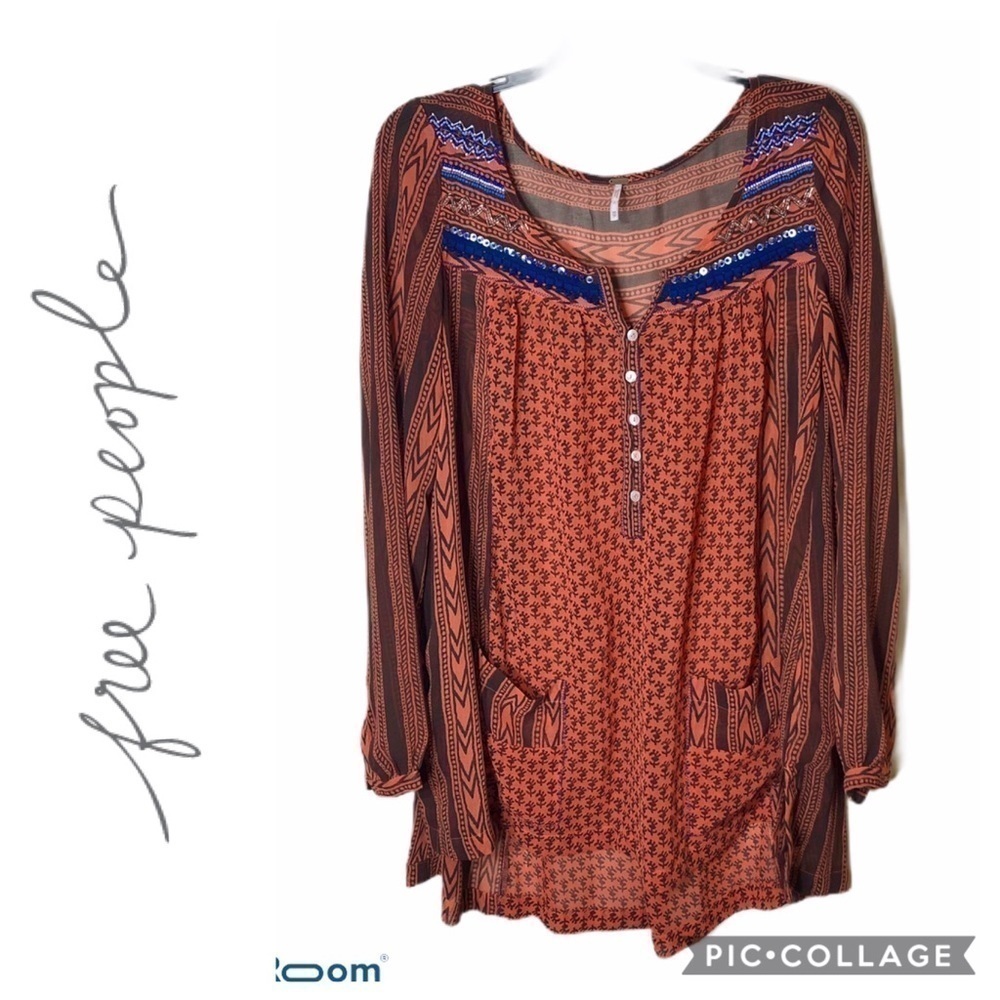 Free People Sequin Beaded Orange Tunic XS Blouse Top Women’s